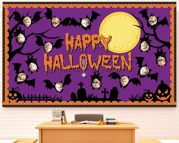 Happy Halloween Bulletin Board for Classroom Decoration Bat Pumpkin Tree Bulletin Board Set Bat Cutouts with October Halloween Cemetery Scene for School Classroom Chalkboard Wall Decor