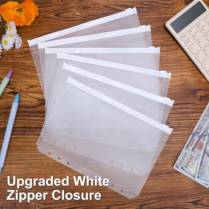 Antner 30pcs A5 Binder Pockets 6-Hole Budget Planner Inserts Cash Stuffing Envelopes for Money Organizer, White Zipper Pouch Folders Waterproof PVC Loose Leaf Filling Bags for A5 6-Ring Savings Binder