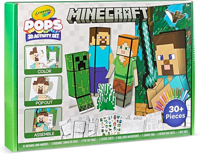 Crayola Minecraft POPs 3D Art Kit for Kids, Create 3D Characters, Coloring Activity Set with Markers & Stickers, Minecraft Toys, Gift for Boys & Girls
