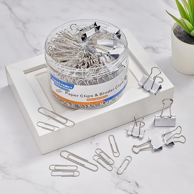 FUDAO FAMILY Paper Clips & Binder Clips, 340 PCS Assorted Sizes, Silver & White