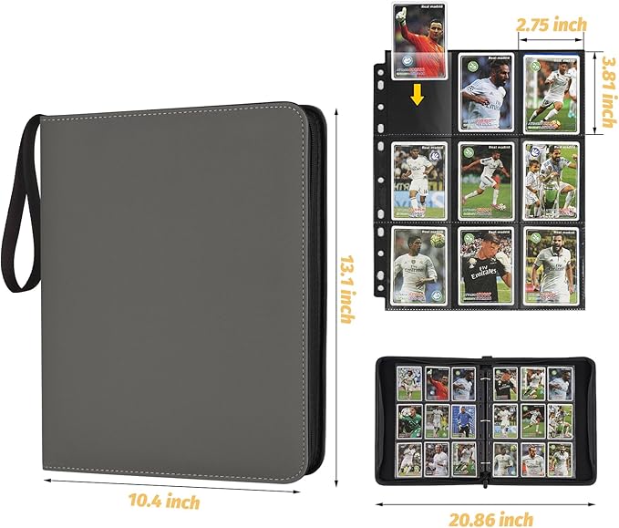 9 Pocket Card Binder, Premium Zip Trading Card Binder, 720 Double Sided Pocket PU Card Collection Binder, Collector Card Album, Card Folder for MTG, TCG, Sports Cards, Game Cards (GREY)