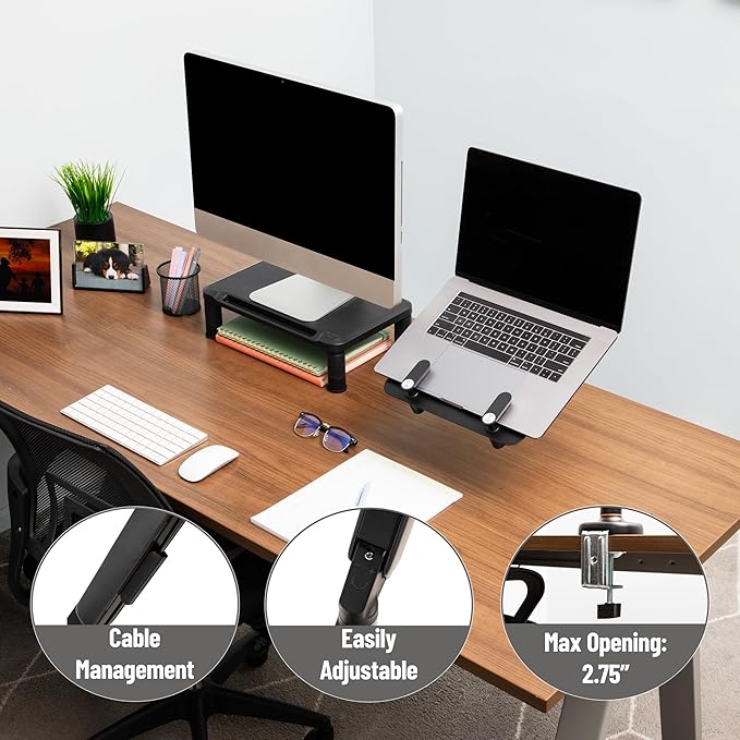 Mind Reader Gas Spring Laptop Desk Mount, Fits 11.6–17.3" Laptops or Monitors, 180° Rotate, 13.2 lb Capacity, Single Arm with Integrated Cable Management, Adjustable Tilt/Swivel, Black
