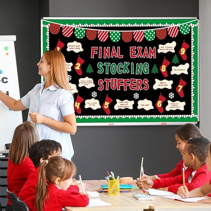 Christmas Bulletin Board Decorations Set Xmas Final Exam Stocking Bulletin Board Classroom Decor Christmas Paper Cutouts for Classroom Home School Winter Holiday Chalkboard Wall Party Decor Supplies