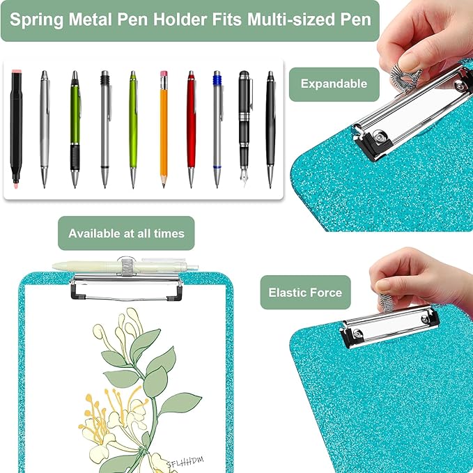 1 Pcs Clear Glitter Clipboards, Plastic Clipboard with Pen Holder,Size 8.85 x 12.4 in Shiny Clipboards with Low Profile Clip, Cute Hanging Clipboard for Office School Supplies Sparkly Clip board-Green