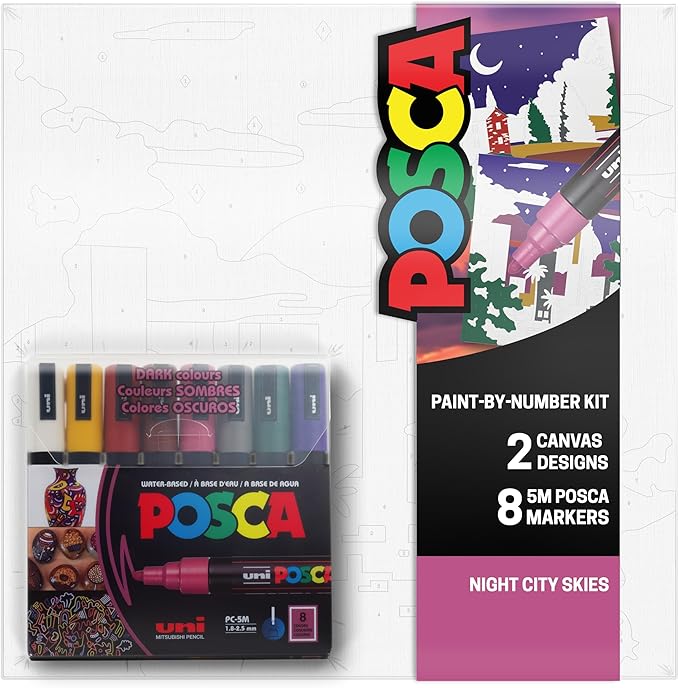 POSCA Canvas Paint by Number Kit, Night City Skies - 8 Markers with 2 Pre-Drawn Canvases - For All Artists and Holiday Gifting