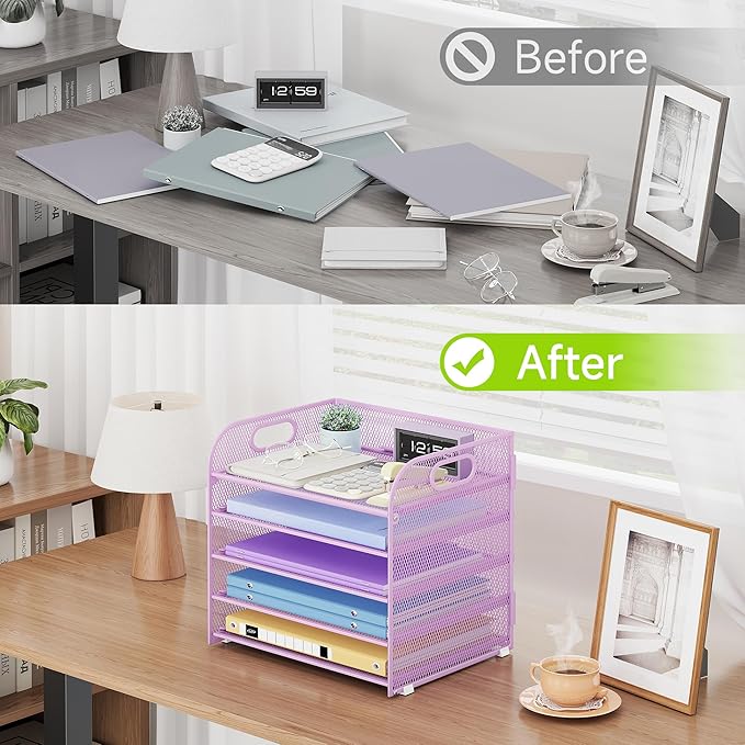 2 Pack 5 Tier Paper Organizer, Letter Tray with Handle, Mesh Desk Organizer, Metal File Organizer, Office Desk Accessories for Home, Office, Classroom, School -Purple