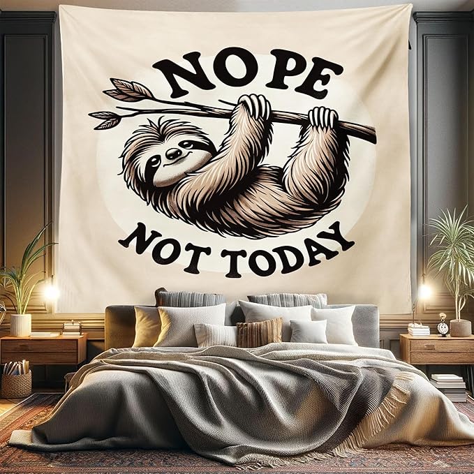 Ambesonne Funny Tapestry King Size, Nope Not Today Saying with a Happy Sloth Hanging Down from a Branch, Wall Hanging Bedspread Bed Cover Wall Decor, 104" X 88", Eggshell Pale Brown Black
