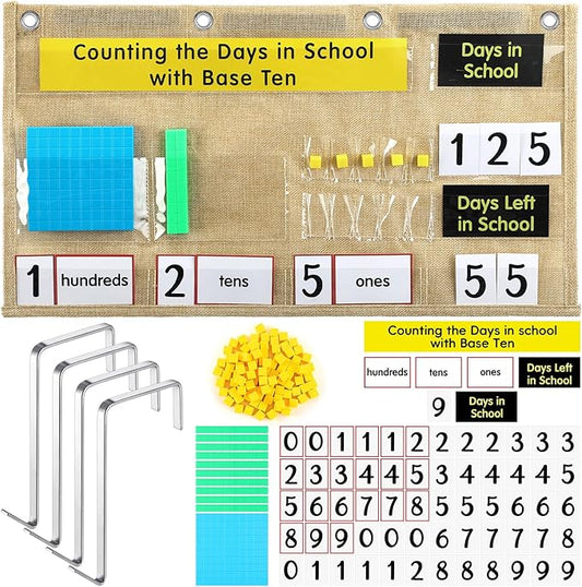 Back to School Counting The Days with Base Ten Pocket Chart Place Value, Counting Caddie Pocket Chart for Classroom Bulletin Board School or Home Decor, 4 Hooks(Burlap Color,Classic Style)