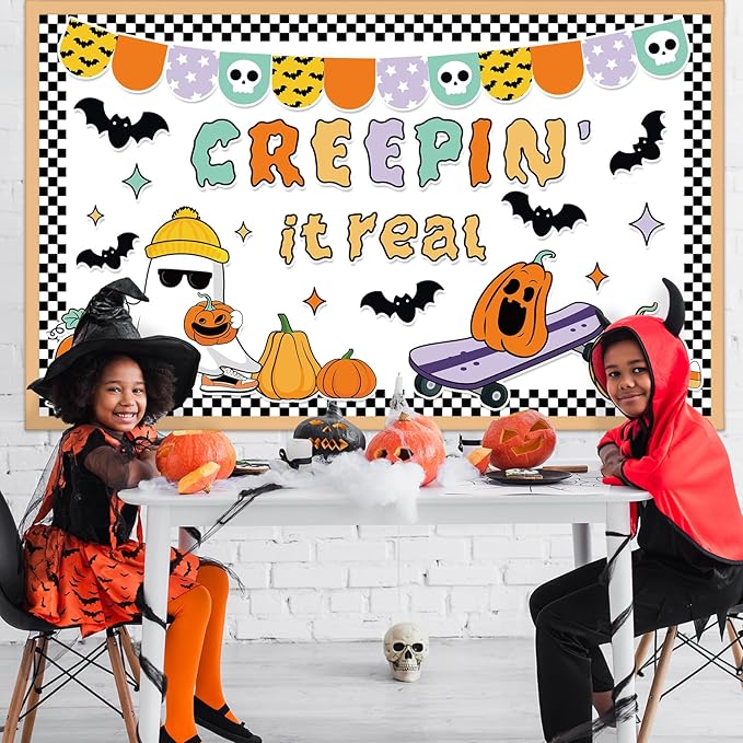 Halloween Bulletin Board Decorations Cute Ghost Pumpkin Bat Bulletin Board Set Spooky Funny Creepin' It Real Paper Cutouts for Halloween Holiday School Classroom Home Wall Decor Supplies