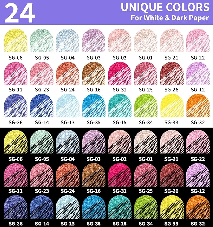 Glitter Gel Pens, 24 Pack Glitter Pens For Adults Coloring Books, 1.0mm Point Colored Pens, Large Capacity Ink Pens for Coloring, Writing, Drawing, Journaling, Note Taking, Office, Home