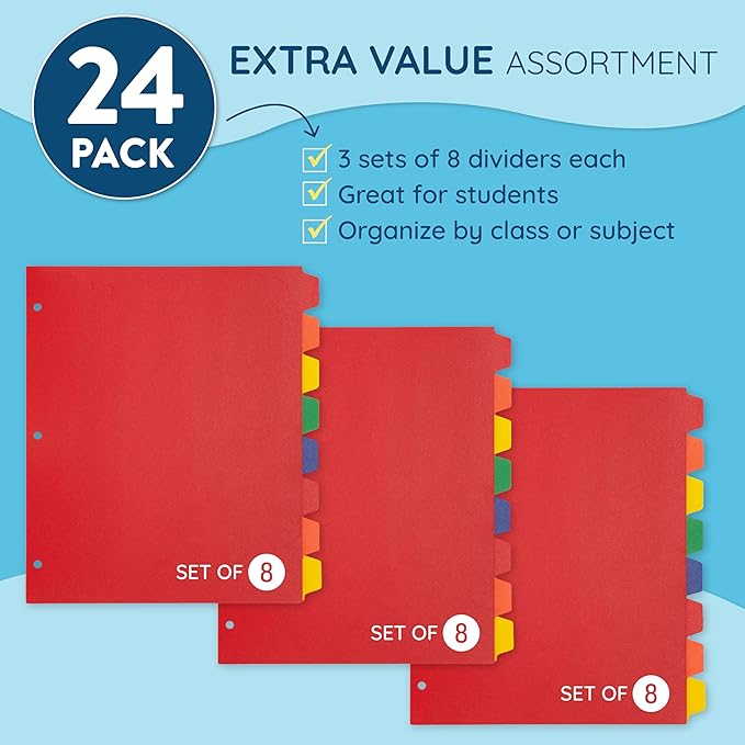 Blue Summit Supplies 24 Pack 8 Tab Plastic Dividers, Heavy Duty Plastic Dividers for 3 Ring Binder with 3 Hole Punch for Notebooks and Binders, Assorted Colors, Letter Size