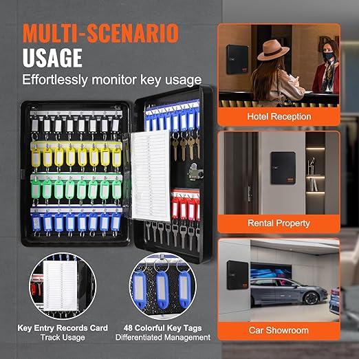 VEVOR 48-Key Cabinet, Key Safe with Combination & Key Lock, Digital Security Storage Box Steel Key Organizer with Adjustable Racks, 48 pcs Colorful Key Tags and A Record Card for School, Office, Hotel