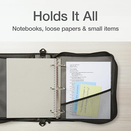 Oxford Zipper Binder with Pockets, 3 Inch Round Rings, Handle and Removable Shoulder Strap, 5-Tab Expanding File, Black & Navy (1006343)