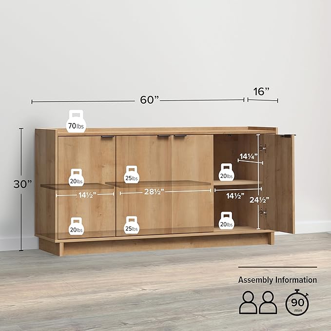 Prepac Simply Modern 4 Console Table, White Doors and Shelves, Sideboard Storage Cabinet, 60" W x 30" H x 16" D, Oak