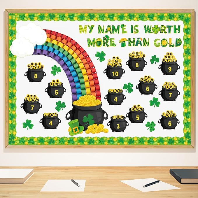 St. Patrick's Day Bulletin Board Shamrock Gold Coin Pot Paper Cutout Rainbow Clover Classroom Decor March Bulletin Board with Border for Irish Party Door Wall Classroom Home Office Supplies