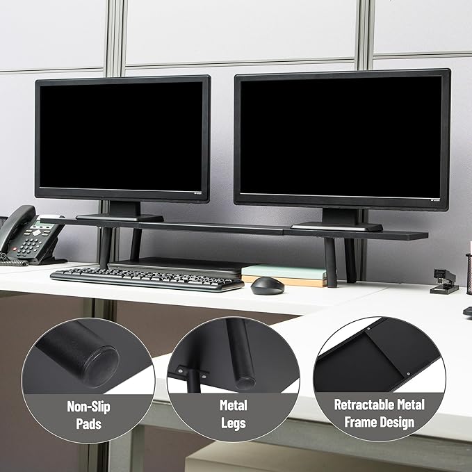 Mind Reader Extendable Monitor Stand, Adjustable Desktop Riser for Dual Monitors, Printers, Laptops, TV, 31.5–40 Inch Width, 88 lb Capacity, Metal and MDF Wood, Black