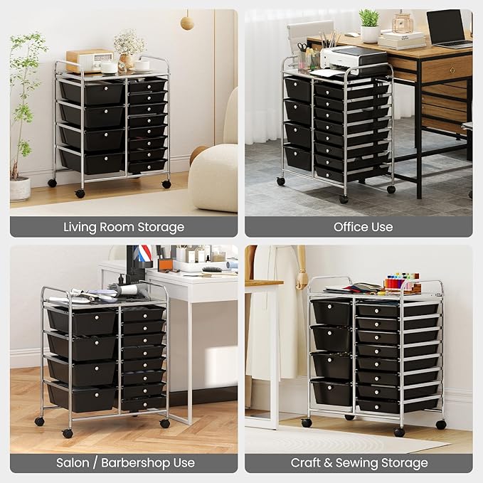 COSTWAY 12 Drawer Rolling Storage Cart, Mobile Utility Cart with Metal Frame, Art Supply Craft Organizer, Multipurpose Storage Organizer for Paper, Office, School Teacher, Classroom, Black