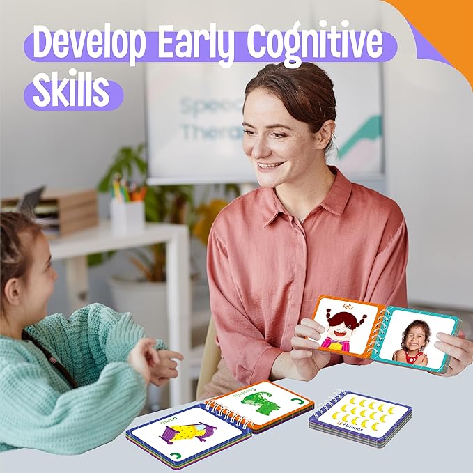 4 Spanish Learning Flipbooks, Double-Sided Printed Mini Book Set, Alphabet A-Z, Number 1-20, Feelings and Emotions, Shapes and Colors Mini Board Books Set, Early Educational Tool for Kids