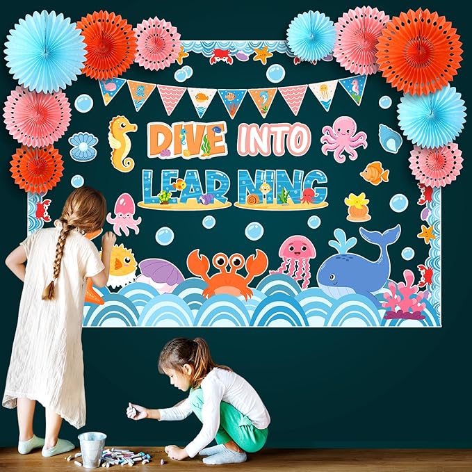 Eersida Spring Bulletin Board Decorations with Paper Fans St Patricks Day 3D Classroom Bulletin Board Christian Easter Flower Bunny Cutouts School VBS Library Church Window Wall Decor(Ocean)