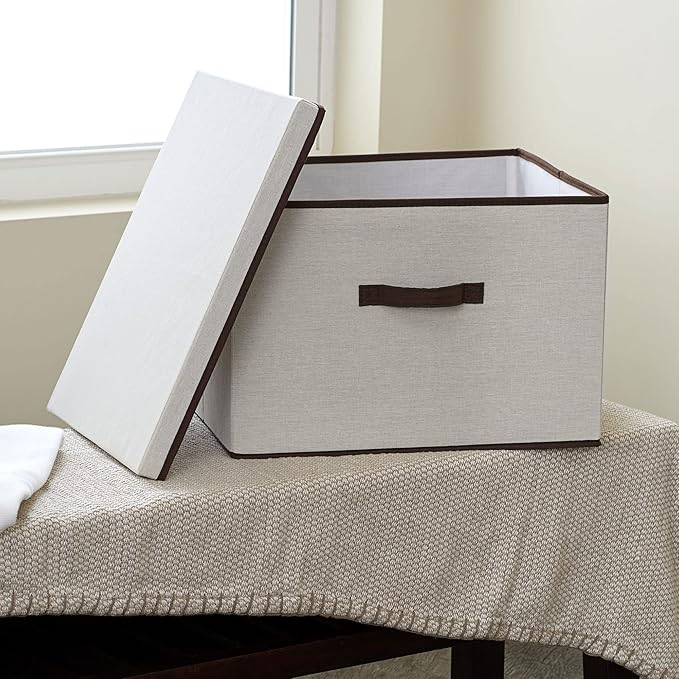 Household Essentials Wide Fabric Storage Bin with Lid, 18.5" W x 15" D, Wide-18.5", Natural and Brown