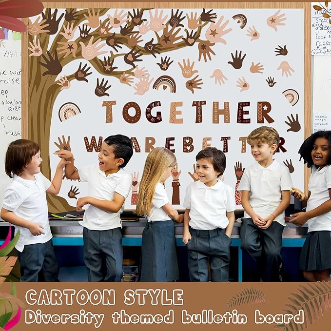 Pasimy Student Diversity Bulletin Board Sets Boho Classroom Decor Rainbow Equality Tree Handprint Cutouts Inclusion Multicultural Bulletin Board for Back to School Wall Door Decorations(Retro)