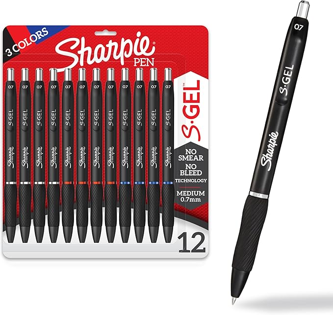 Sharpie S-Gel Gel Pens, Black Barrel, Medium Point (0.7mm), Assorted Ink Colors, 12 Count - Office, School, Journaling, Writing, Note-Taking, Teacher Supplies