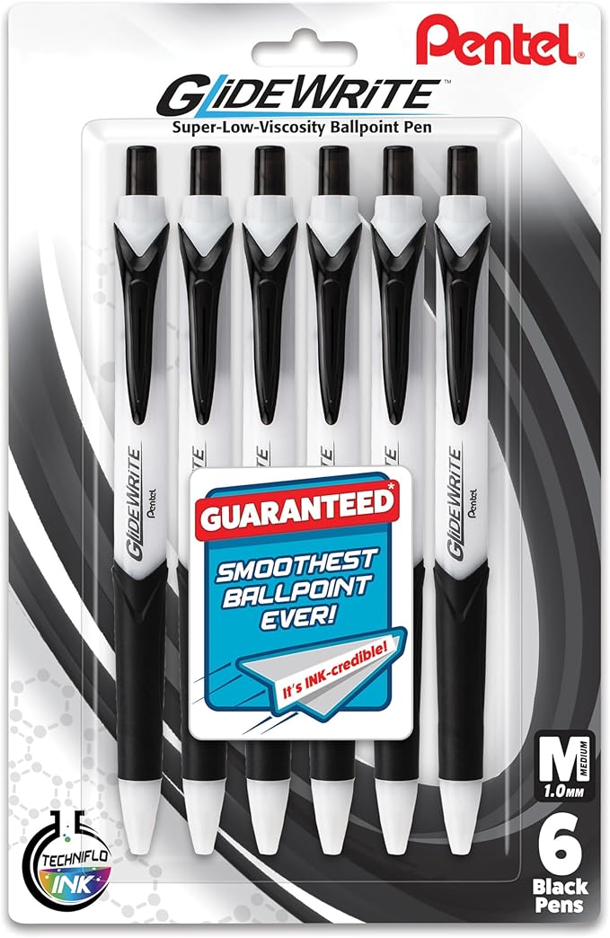 Pentel GlideWrite Ballpoint Pen with TechniFlo Ink, (1.0mm) Medium Line, Black Ink, Pack of 6 (BX910BP6A)