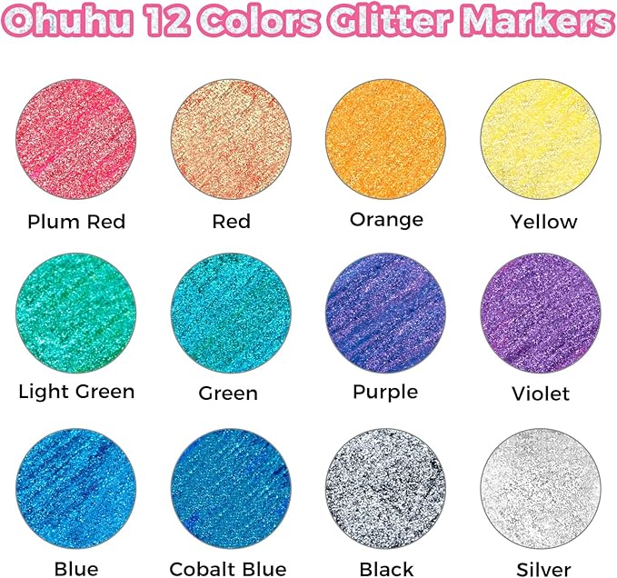 Ohuhu Glitter Markers Pen: 12 Glitter Colors Metallic Shimmer Marker Fine Tip Water-based Ink for Kids Adults DIY Crafts Greeting Birthday Cards Making Mugs Wood