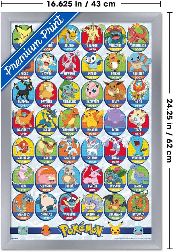 Pokémon: All-Time Favorites - Grid Wall Poster, 22.4L" x 14.7W", Silver Framed Version