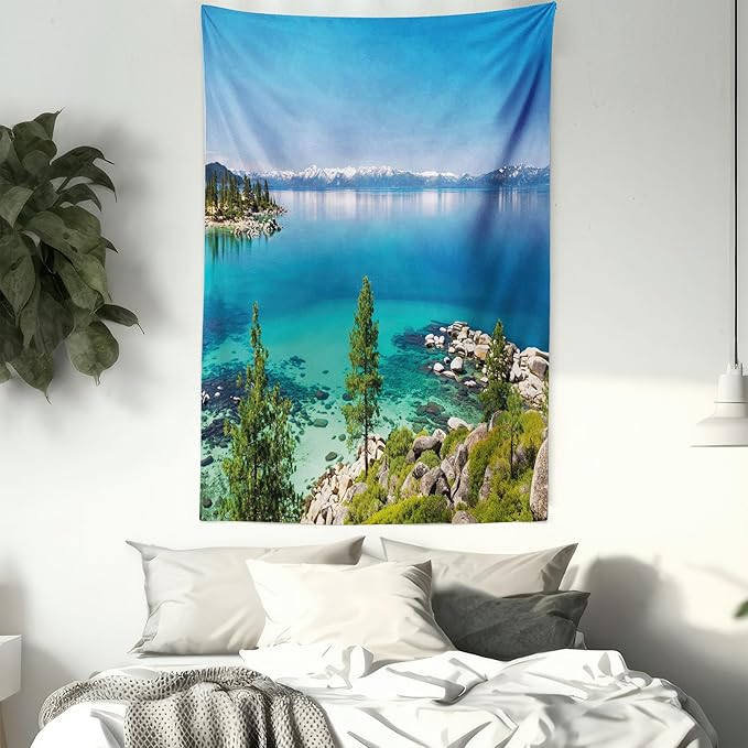 Ambesonne Blue Tapestry Twin Size, Tranquil View of Lake Tahoe Sierra Pines on Rocks with Turquoise Waters Shoreline, Wall Hanging Bedspread Bed Cover Wall Decor, 68" X 88", Blue Grey Green