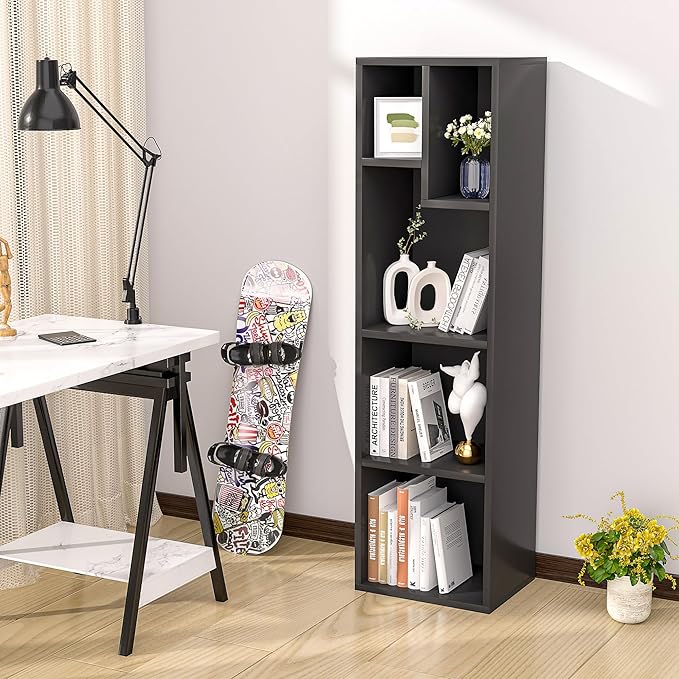 VECELO Small Bookshelf, 5 Cube Slim Bookcase, Fits Tallest Hardcovers, Horizontal Available, Modern Floor Standing Unit, Each Shelf Hold Up to 66 LBS, Black
