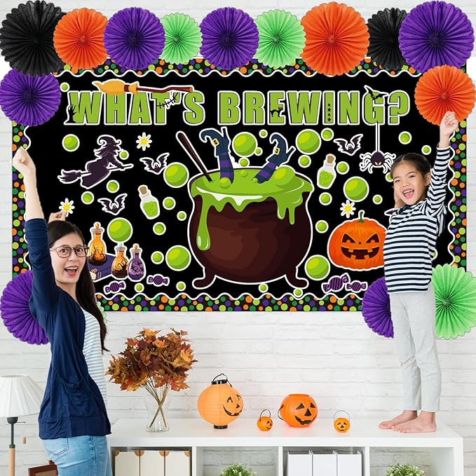 3D 98Pcs Halloween Bulletin Board Set Halloween Theme Classroom Decorations Witch Cauldron Paper Cutouts Colorful Hanging Paper Fan for Classroom School Chalkboard Home Wall Decor Supplies