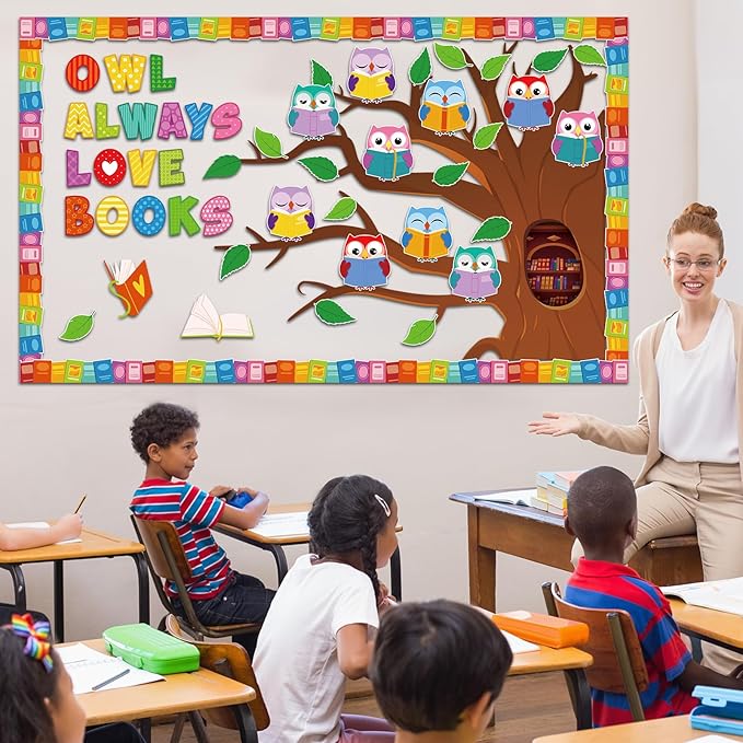 Pasimy Reading Bulletin Board Decorations Fall Classroom Decor Library Bulletin Board Set Owl Paper Cutouts Colorful Book Border Trim for Autumn Halloween Back to School Home Office Wall Door Supplies