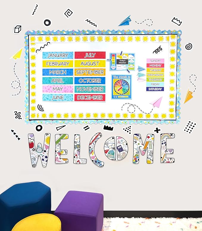 Carson Dellosa Happy Place 45PC Welcome Bulletin Board Set, Colorful Retro Wall Art for Back to School Decorations, Chalkboard, Teacher Supplies, and Classroom Decor