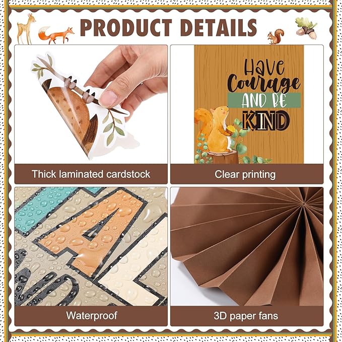 Pajean 62 Pcs Forest Animal Classroom Bulletin Board Decorations with 3D Paper Fans Inspirational Posters Cutouts Motivational Bulletin Board Positive Sayings for School Classroom Home Decorations