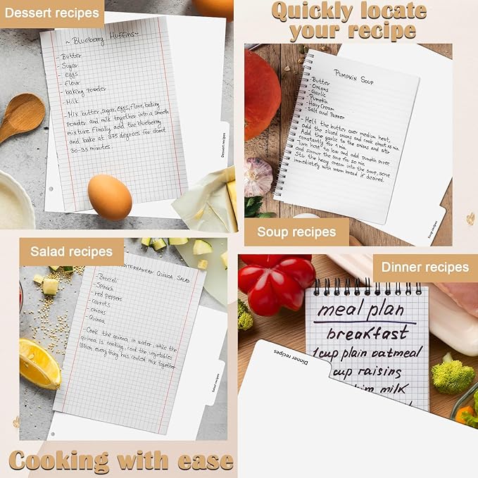 Recipe Dividers for 3 Ring Binder with 4 Tabs 9 3/4”×11” Recipe Binder Dividers Recipe Organizer Personalized Family Recipe Binder Recipe Book to Write in Your Own Recipes for Kitchen (12)