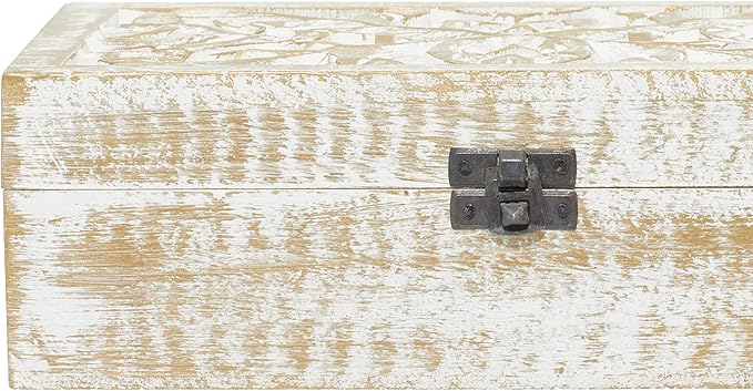 Deco 79 Mango Wood Floral Handmade Decorative Box Decorative Keepsake Boxes with Hinged Lid, Set of 3 Storage Boxes 8", 10", 12"W, White