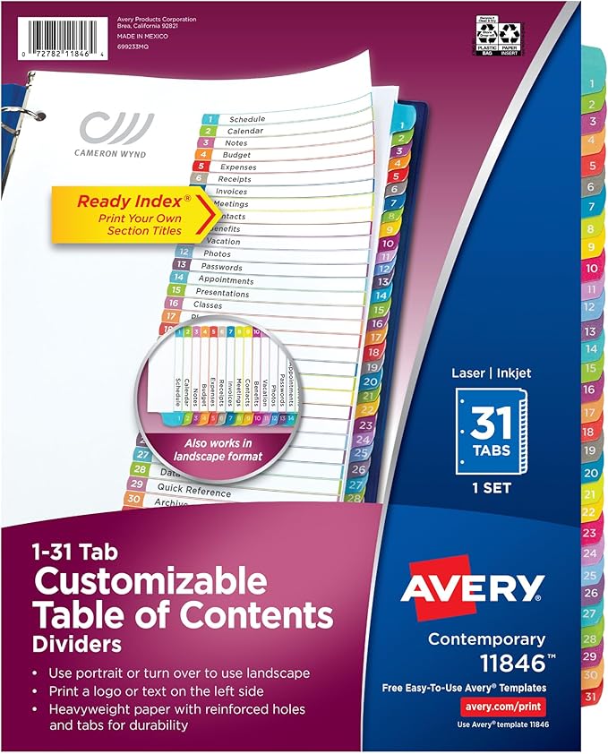 Avery 1-31 Dividers for 3 Ring Binders, 31 Tabs per Set, Customizable Table of Contents, Multicolor Arched Tabs, Great for Organizing Reports, Projects, and More (12 Sets of 11846)