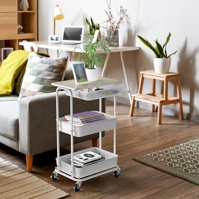 Simple Houseware 3-Tier Rolling Utility Cart with Drawer & Wood Tabletop - Mobile Sofa Side Table, Nightstand, Slim Storage Organizer Trolley for Bedroom, Bathroom, Office & Art Supplies, Maple