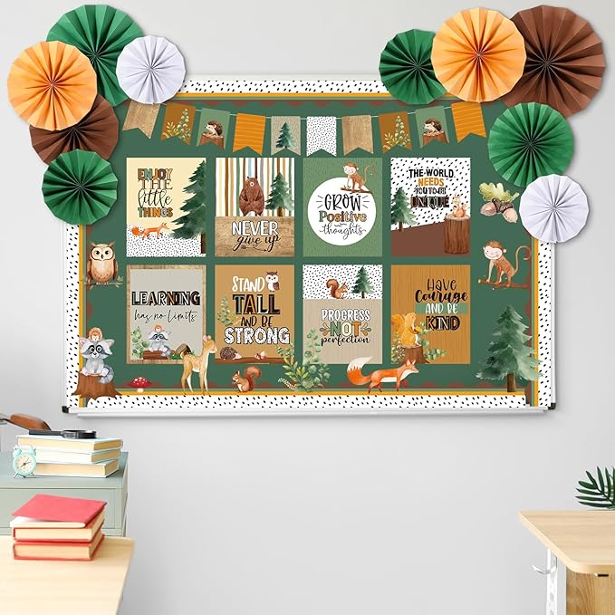 Pajean 62 Pcs Forest Animal Classroom Bulletin Board Decorations with 3D Paper Fans Inspirational Posters Cutouts Motivational Bulletin Board Positive Sayings for School Classroom Home Decorations