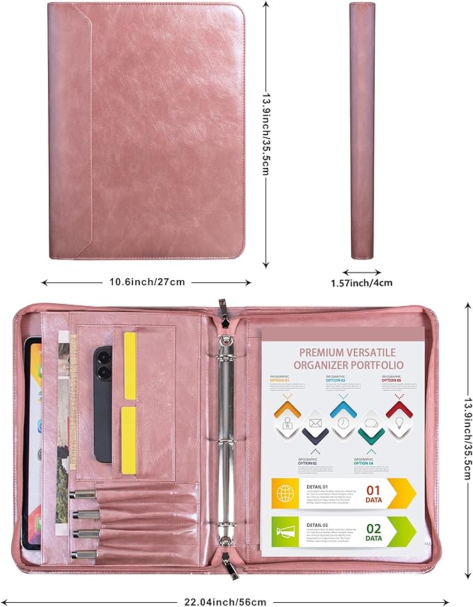 Rose Gold Padfolio,Vegan Leather Portfolio for Women,3-Ring Binder with Zipper, A4 Planner Binder with Laptop Pocket,Legal Size Portfolio,WorkBinder Organizer for Women and Girls