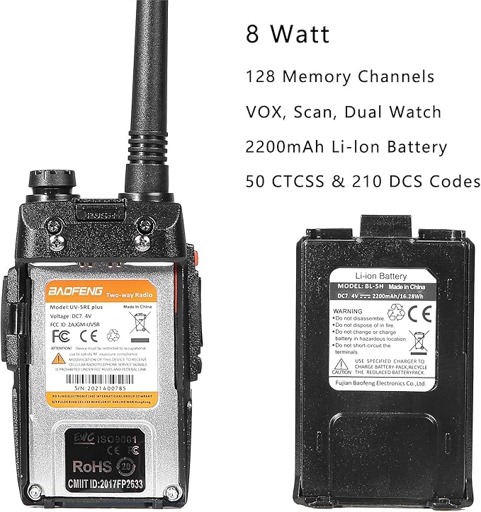 Baofeng UV-5RE Plus Dual Band Two Way Radio Handheld Ham Radio Long Range Walkie Talkies Pack of 6 for Hiking Camping Hunting Skiing Trip(Black) with 8W