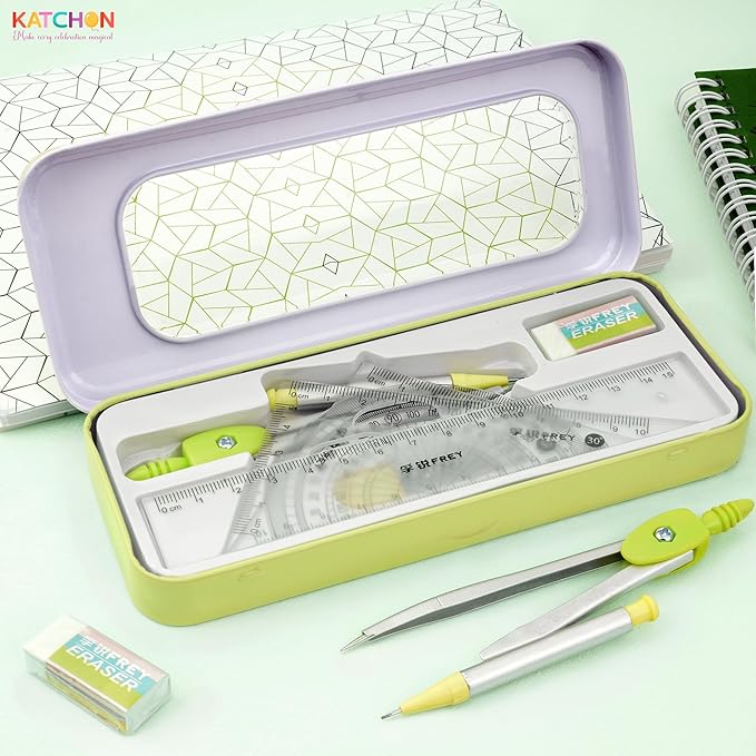KatchOn, Geometry Set for Students - 8 Pieces | Metal Compass, Protractor, Eraser, Triangle Ruler, Lead Refills and Metal Box | Protractor and Compass Set | Back to School Supplies | Class Supplies