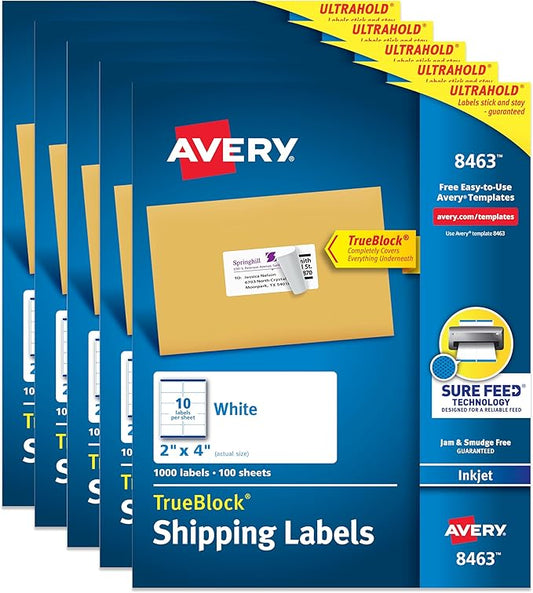 Avery Printable Shipping Labels with Sure Feed, 2" x 4" Customizable Stickers, White, 5,000 Blank Mailing Labels, Great for Mailing, Shipping, and More (5-Pack of 8463)