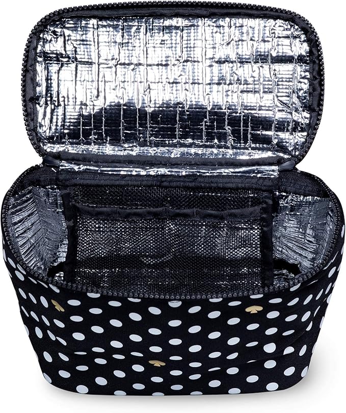 kate spade new york Insulated Soft Cooler Lunch Tote with Double Zipper Close and Carrying Handle, Polka Dots (Black/White)
