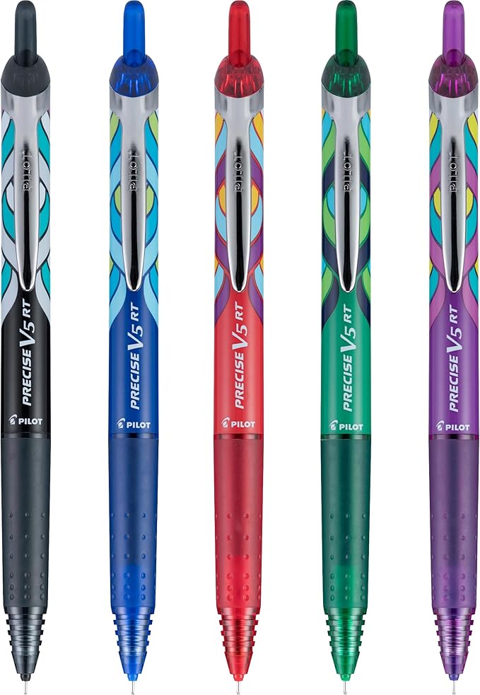 Pilot Precise V5 RT Refillable & Retractable Rolling Ball Pens, Extra Fine Point Pens, 0.5 mm, Assorted, Pack of 5 - Ideal for School, Journaling & Office Writing