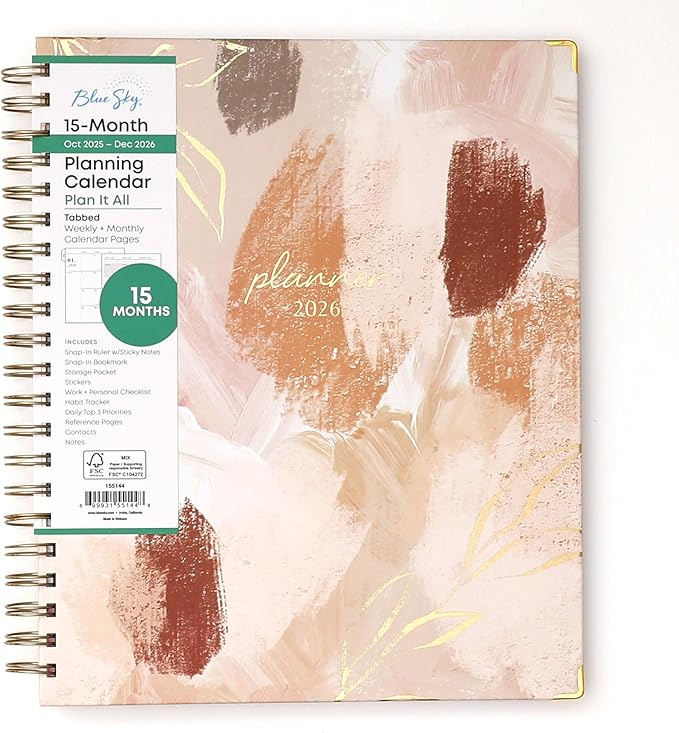 Blue Sky 15 Month 2026 Weekly and Monthly Planner Calendar, October 2025 - December 2026, 8.5" x 11", Hard Cover, Durable Twin Wire Binding, Laminated Tabs, Storage Pocket, Includes Ruler, Sticky Notes & Stickers, Henri