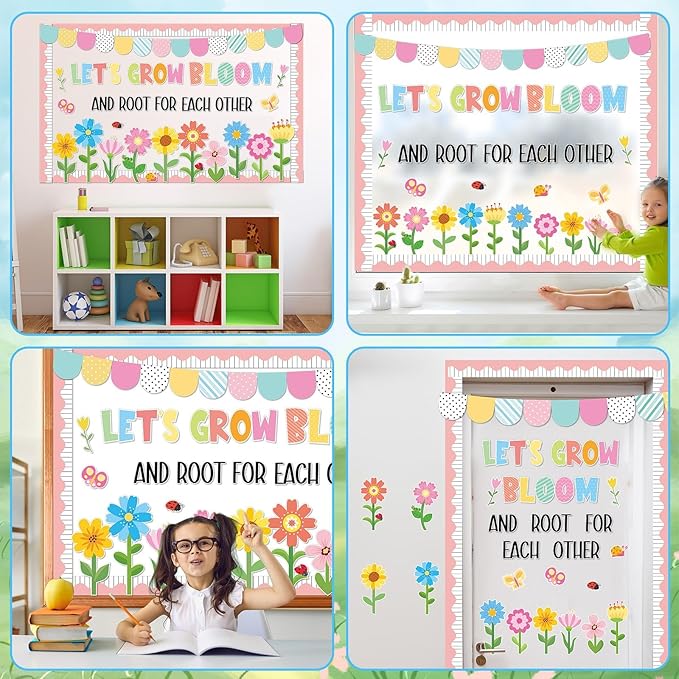 ZOIIWA Spring Bulletin Board Decorations Spring Bloom Flower Classroom Bulletin Board Borders Colorful Floral Butterfly Cutouts for Back to School Birthday Party Supplies School Home Office Wall Decor