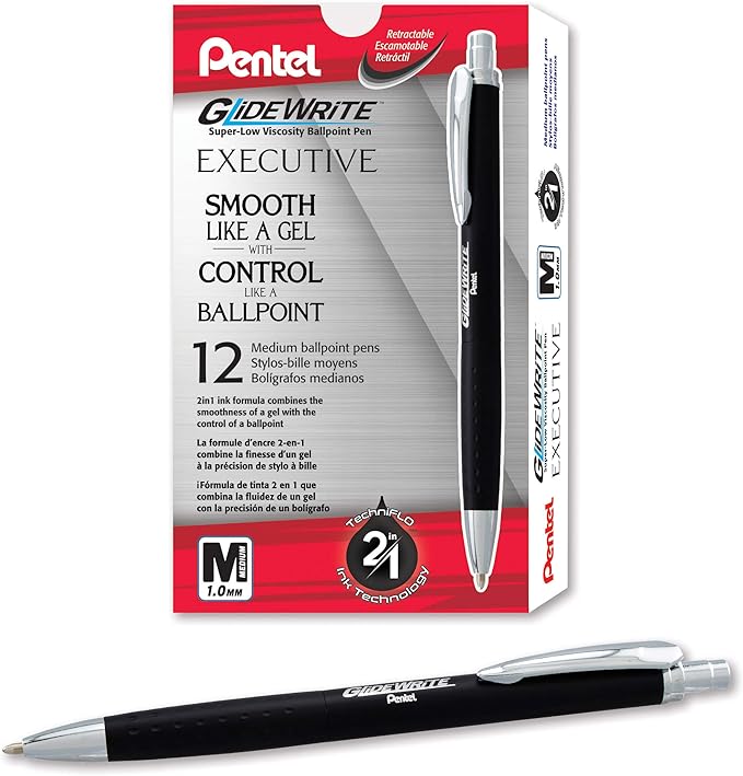 Pentel Glidewrite Executive Ballpoint Pen, (1.0mm) Medium Line, Black Metal Barrel, Black Ink, Box of 12 (BX970A-A)