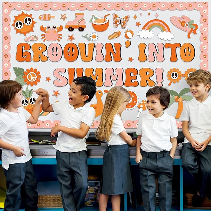 gisgfim Groovy Summer Bulletin Board Decoration Set Classroom Retro Tropical Hawaiian Cutouts Paper Borders for Summer Beach Pool Bulletin Board School Craft Home Wall(Groovin’ Into Summer)